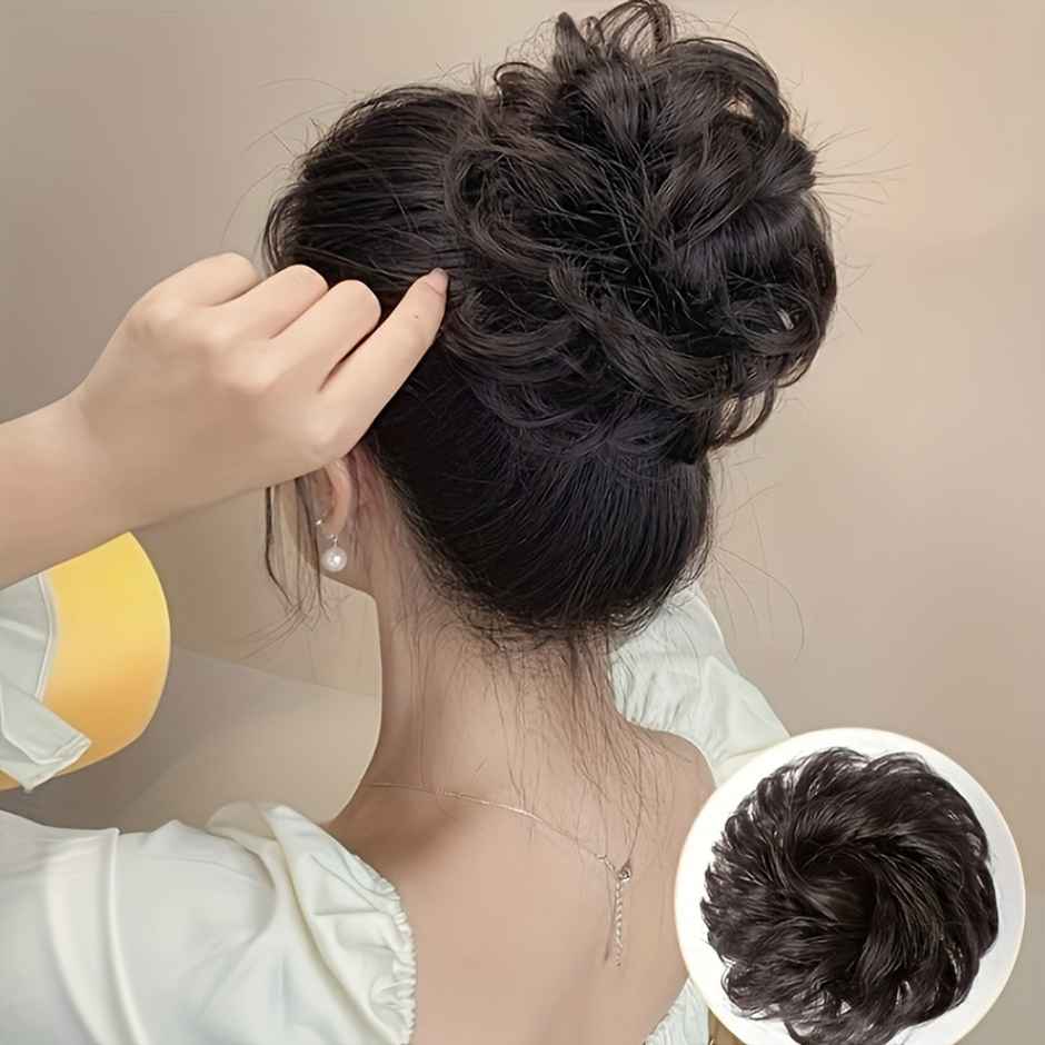 Chronex 1 Pc Synthetic Ponytail Hair Extension | Messy Bun Scrunchie J-Curl Texture | Natural Black