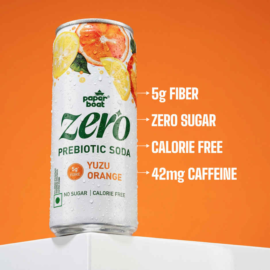 Paper Boat Zero Prebiotic Soda Yuzu Orange, 5g Fibre, Caffeinated Sugar Free Cold Drink