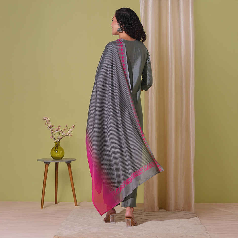 GoSriKi Women's Viscose Rayon Straight Solid Kurta with Pant & Dupatta | MOGUL | Grey - S