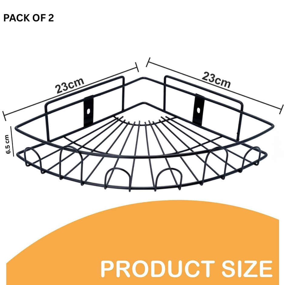 Zedak Self Adhesive Bathroom Corner Shelf  | Racks With Hooks | Metal | Black