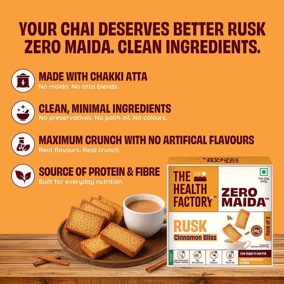 The Health Factory Rusk Cinnamon Bliss | Zero Maida | Source of Protein & Fibre | Wheat Rusk Toast | Tea Time Snack
