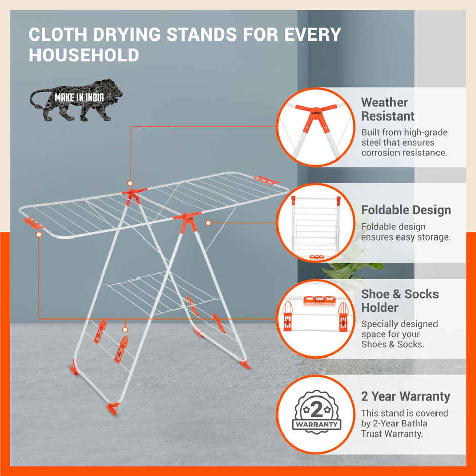 Bathla Foldable Cloth Drying Stand for Home - Neo | Steel | Heavy Duty, Lightweight | Orange