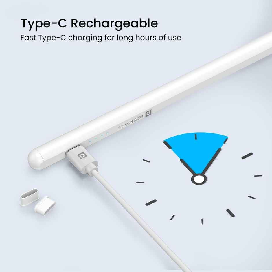 Portronics Glide Stylus Pencil for iPad Tablets with Angle Tilt Sensitivity, Palm Rejection, Attaches Magnetically, Battery LED Indicator, Type-C Charging