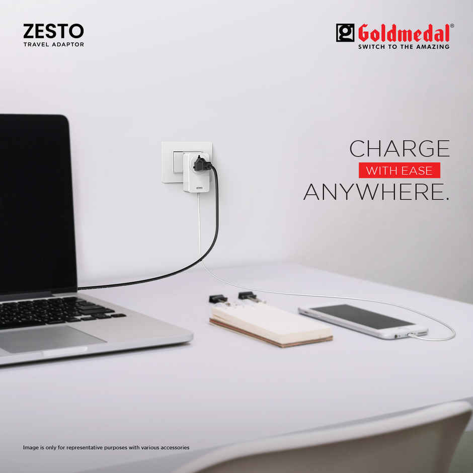 Gold Medal Zesto Travel Adapter with Universal Socket & Dual Port USB- A  | 3-Pin Socket | Multiplug Adapter For Travel, Home & Office