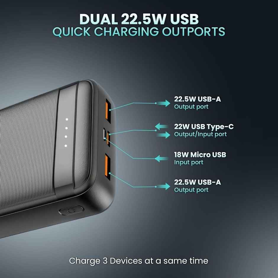 Kratos Legend Champ Power Bank 20000mAh, Fast Charging 22.5W, Triple Output,USB Type C Connector, PD Quick Charge Power Bank for iPhone, Android & Other Phones, BIS Certified,Made in India - Black