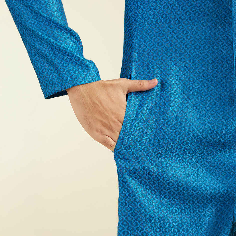 Diwas By Manyavar Blue Blended Viscose Self Design Kurta Set | S