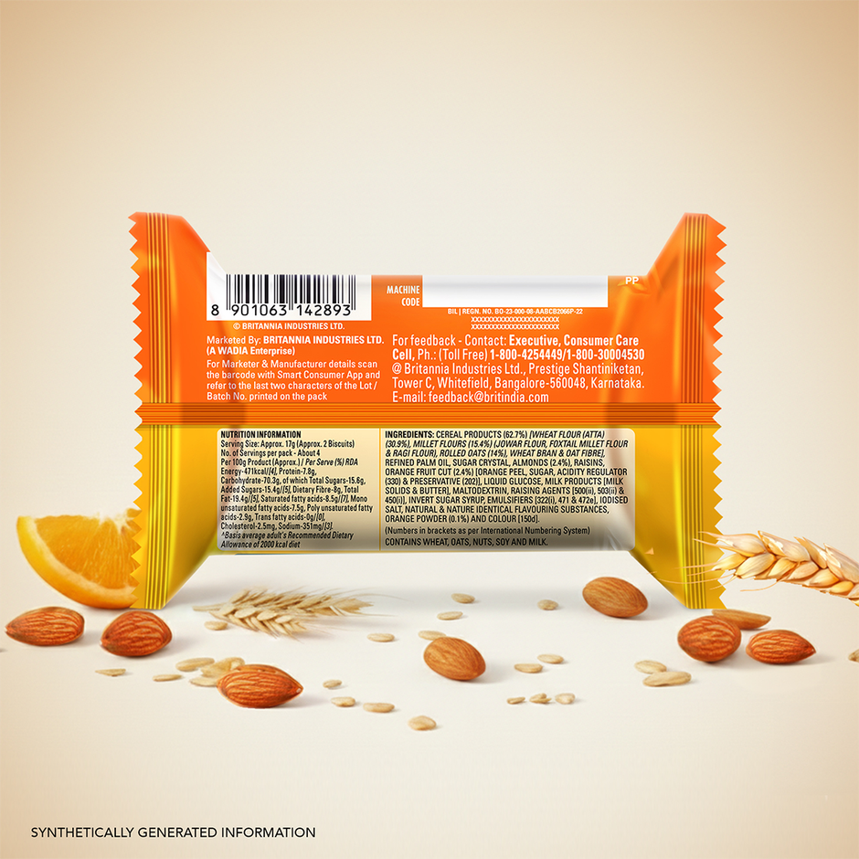 Britannia Nutrichoice Oats Orange & Almond Biscuits | Maida-free and Trans Fat-free