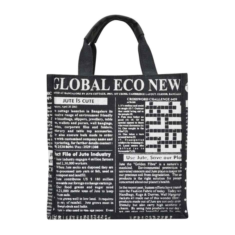 Jute Cottage Carry Bag - Small Lunch Bag | Eco-friendly | Stylish | Global | | Black | 10 x 10 x 6