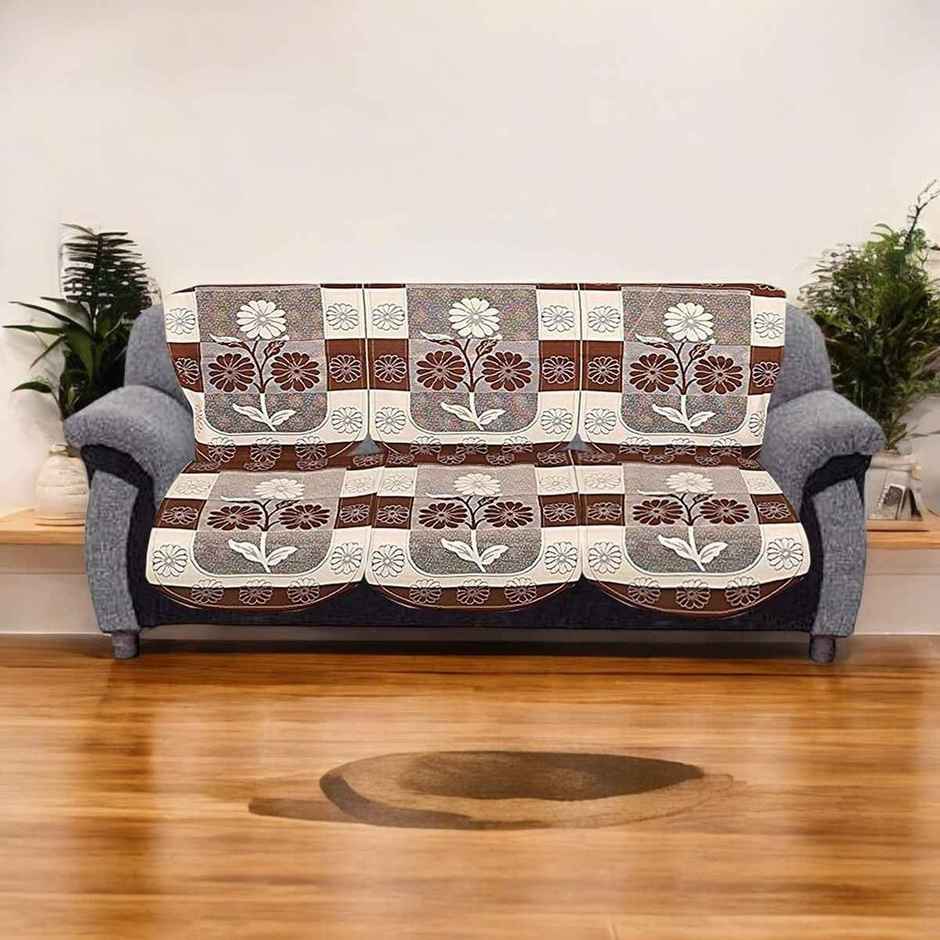 Kuber Industries Pack of 2 Premium Cotton Flower Design Cotton 3 Seater Sofa Cover Set | Brown