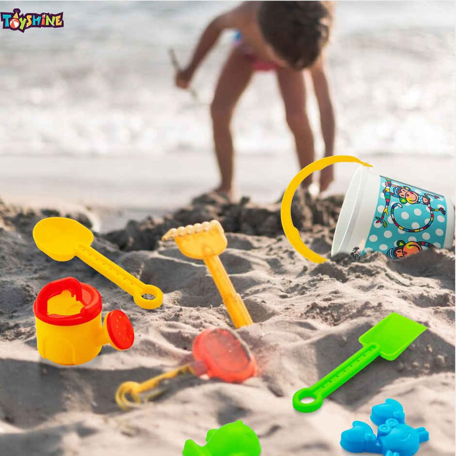 Toyshine 8 Pc Beach Basic Sand Toy Set for Toddlers | 18+ Months - Bucket & Sifter | Small