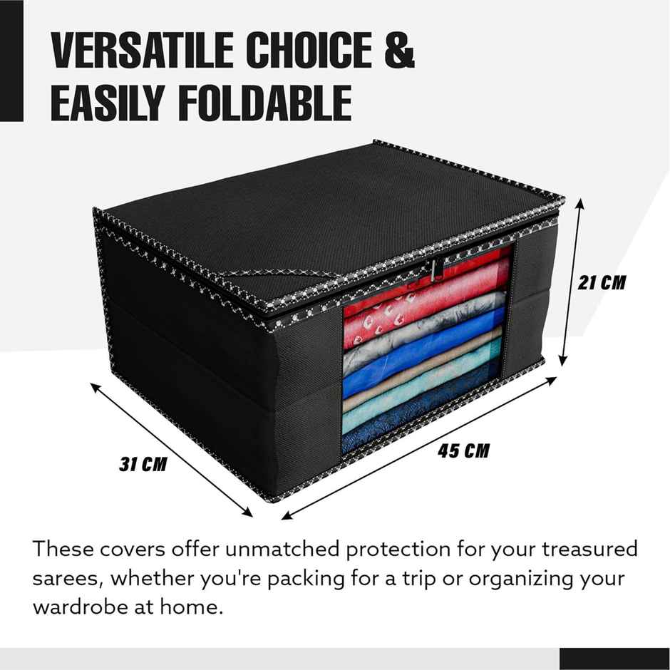 Kuber Industries Pack of 3 Foldable Saree Covers With Zip & Transparent Window Keep (Black)