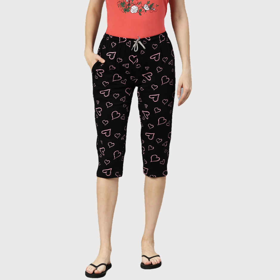 Kryptic Women's Pure Cotton Heart Printed Capri | Black - L