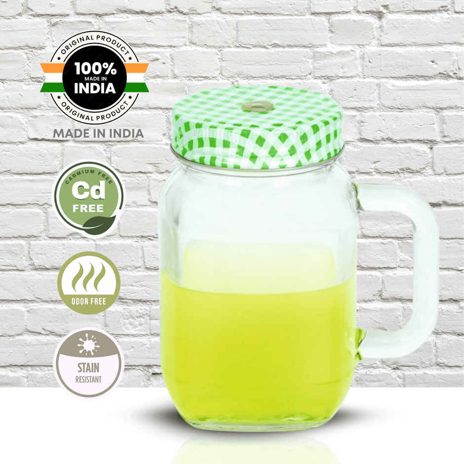 Yera Magnus Glass Mason Jar 440 ml (Each) 1 pcs Green Cap With Hole For Straw