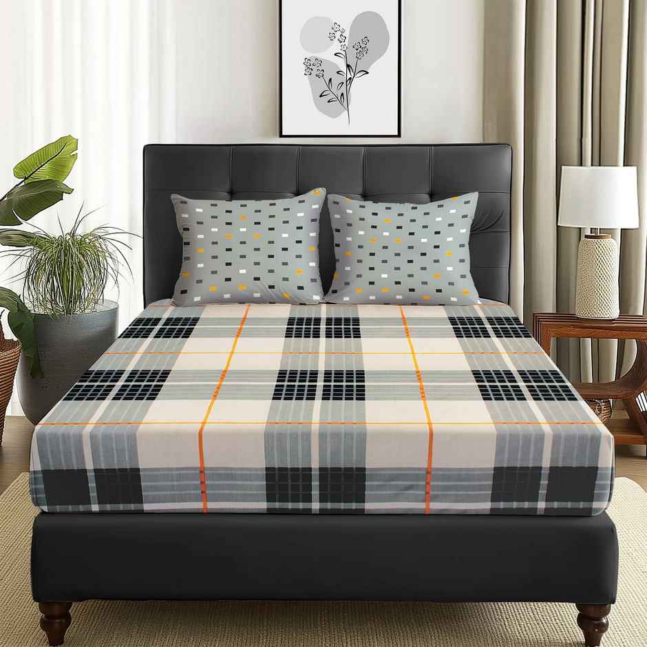 Story@home 144 TC Cotton Double Printed Flat Bedsheet (White, Grey)