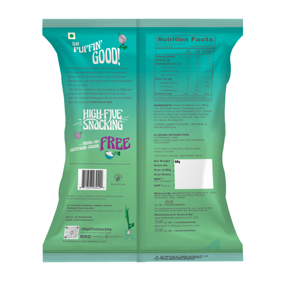 Taali Protein Puffs - Cream & Onion, Roasted, Corn & Jowar Puff, No Maida