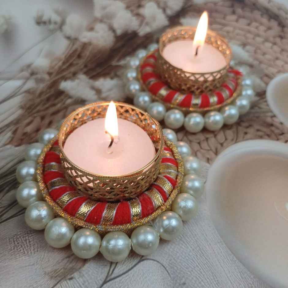 Gota And Pearls T-Light Holders | Pack Of 2 | Metal and Plastic | Assorted | Gullak