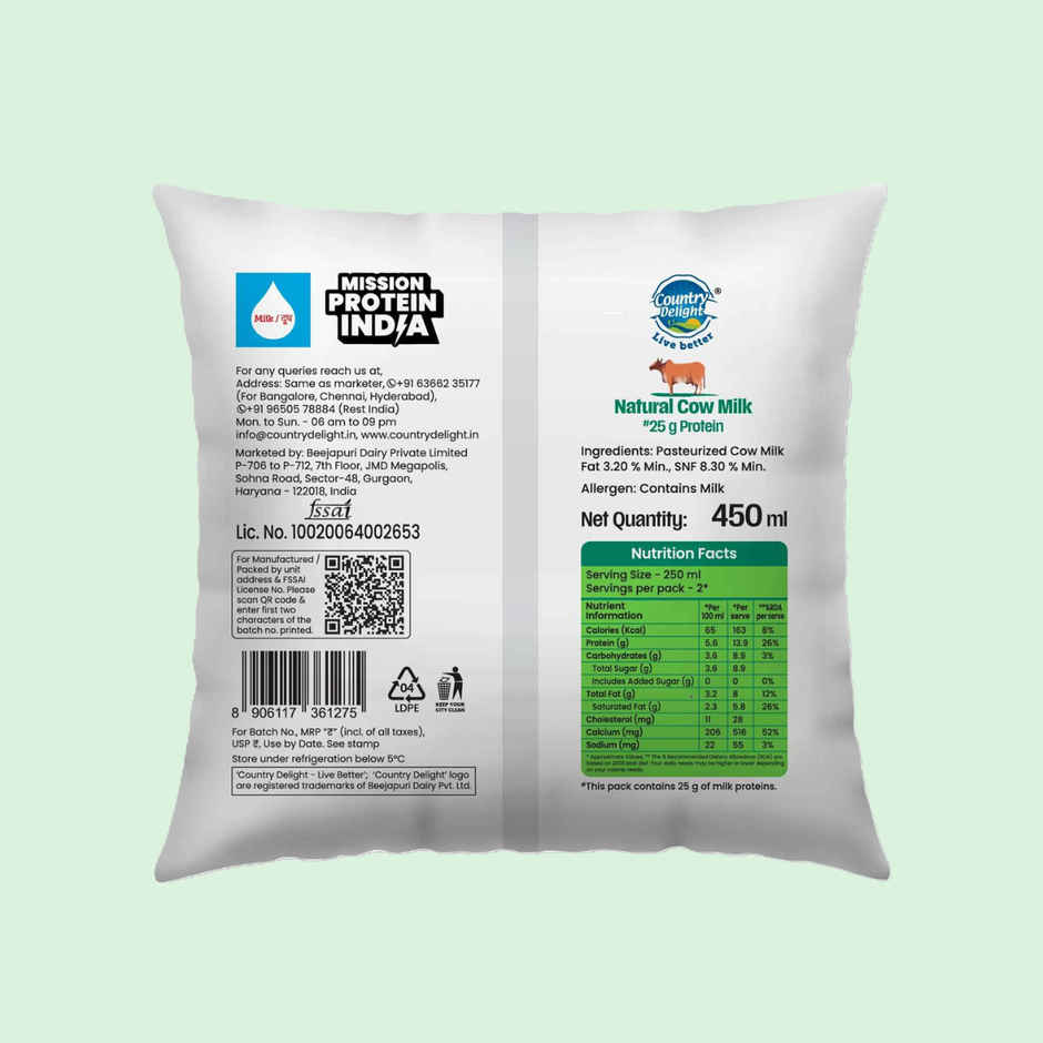 Country Delight Natural Fresh Cow Milk | 25g Protein | Pouch