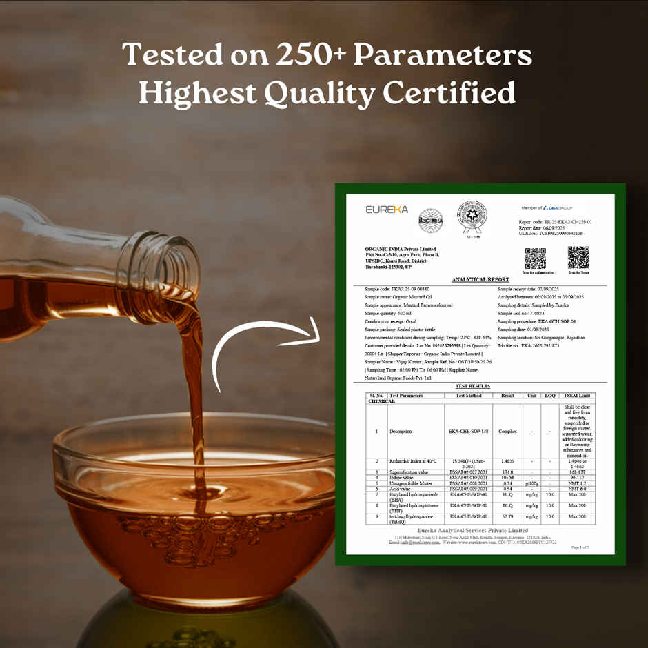A TATA Product - Organic India Mustard Cold Pressed Oil | Lab Tested on 250+ Parameters