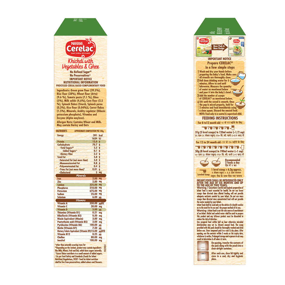 Nestle Cerelac Khichdi with Vegetables & Ghee Baby Food Cereal | No Refined Sugar & No Preservatives | 8-24 Months