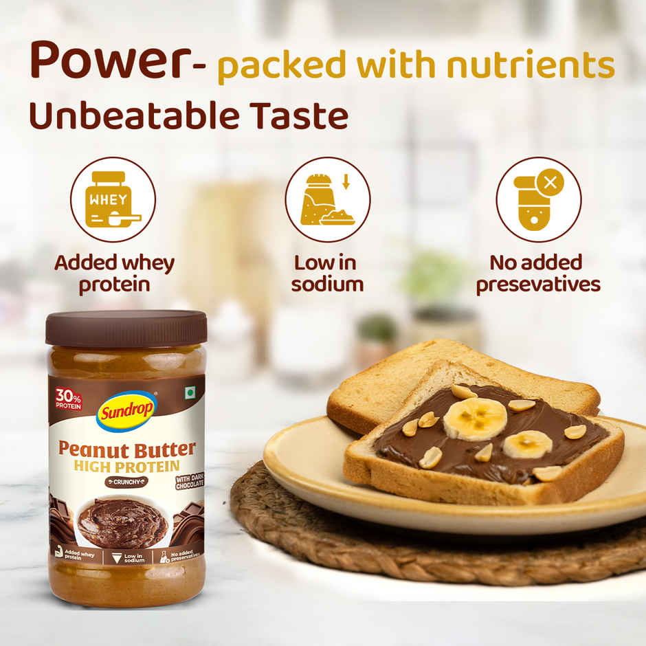 Sundrop High Protein Peanut Butter, Whey Protein Added, Crunchy | Dark Chocolate | 30% Protein