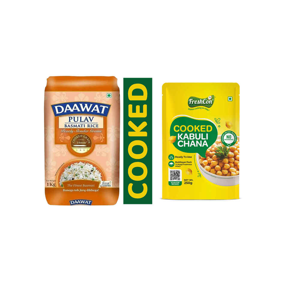 Daawat Pulav Basmati Rice | Long Grain (1kg) & Freshcon Cooked Kabuli Chana | Chickpeas (250g) Combo   