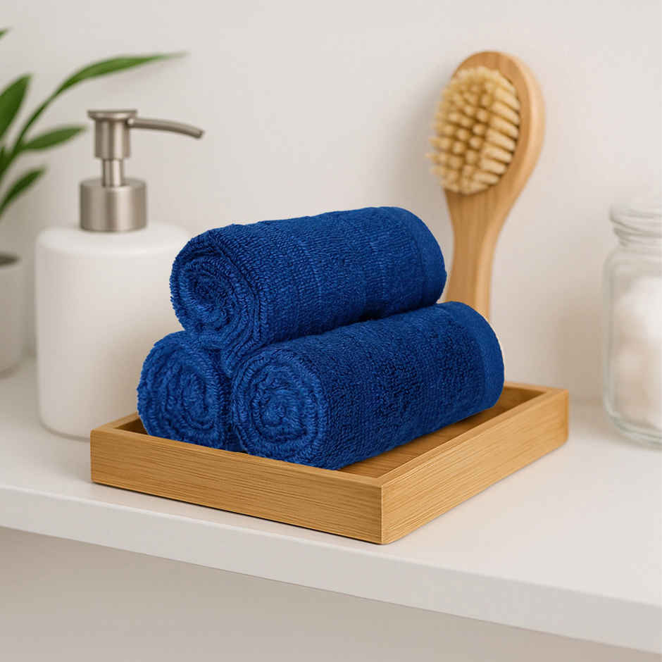 Mytrident Quick Dry Cotton Face Towel Set | 13 x 13 in | Navy Blue