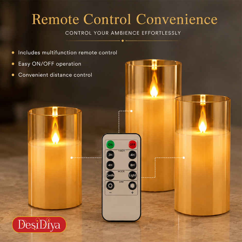 DesiDiya Flameless LED Candles Set of 3 Remote Control Acrylic Glass Candle Flickering Flame