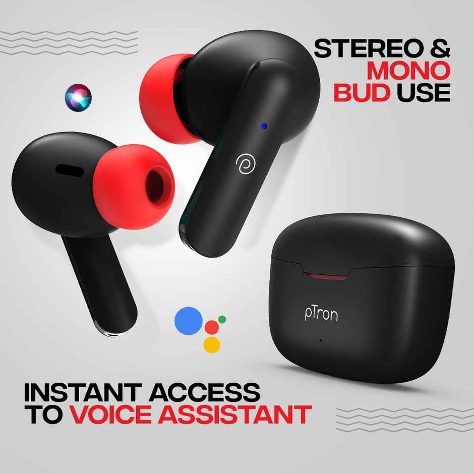 pTron Bassbuds Duo TWS Earbuds | Stereo Calls | 32H Playtime | Stereo Sound & Type C Charging - Black/Red