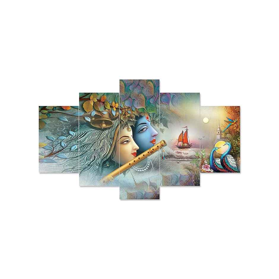 Perpetual Radha Krishna 3D Wall Painting Set of 5 | Framed Decor for Living Room | 75x43 Cm