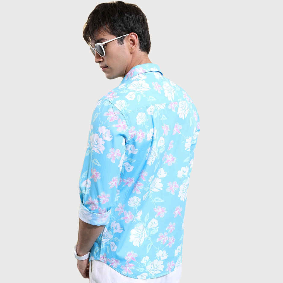 Ketch Men Floral Printed Spread Collar Cotton Slim Fit Casual Shirt | Blue | S