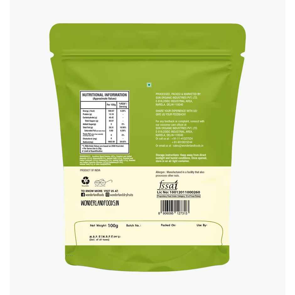 Wonderland Foods Trail Mix | Roasted & Salted Almonds, Pistachio Kernels & Seedless Black Raisins