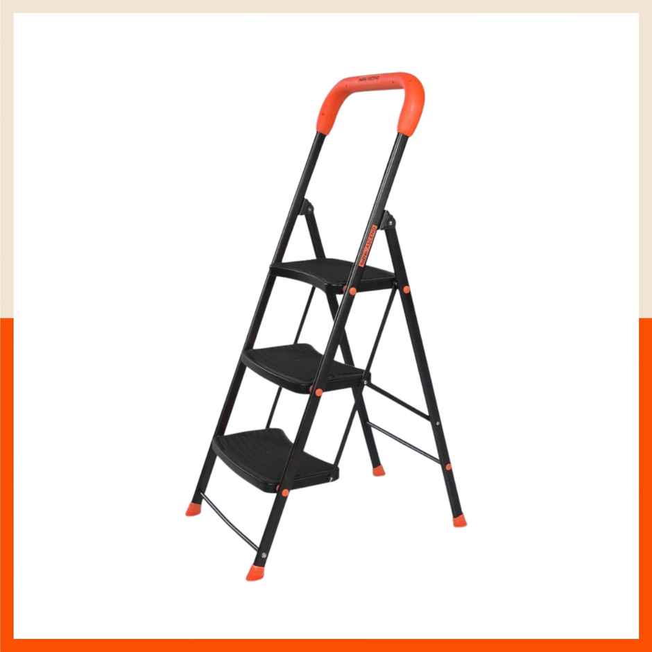 Bathla 3-Step Steel Ladder | Safety Hand Grip, Wide Anti-Slip Steps | Ascend | Orange & Black