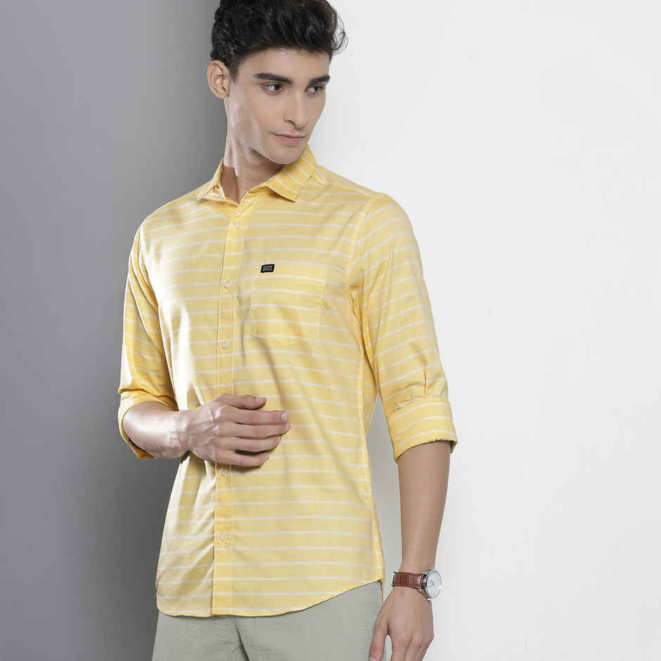 The Indian Garage Co Men's Slim Fit Striped Casual Shirt | Yellow - S