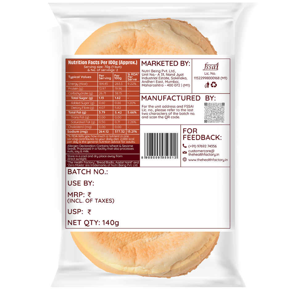 The Health Factory Super Protein Burger Bun | Zero Maida | 27g High Protein | Whole Wheat Bun