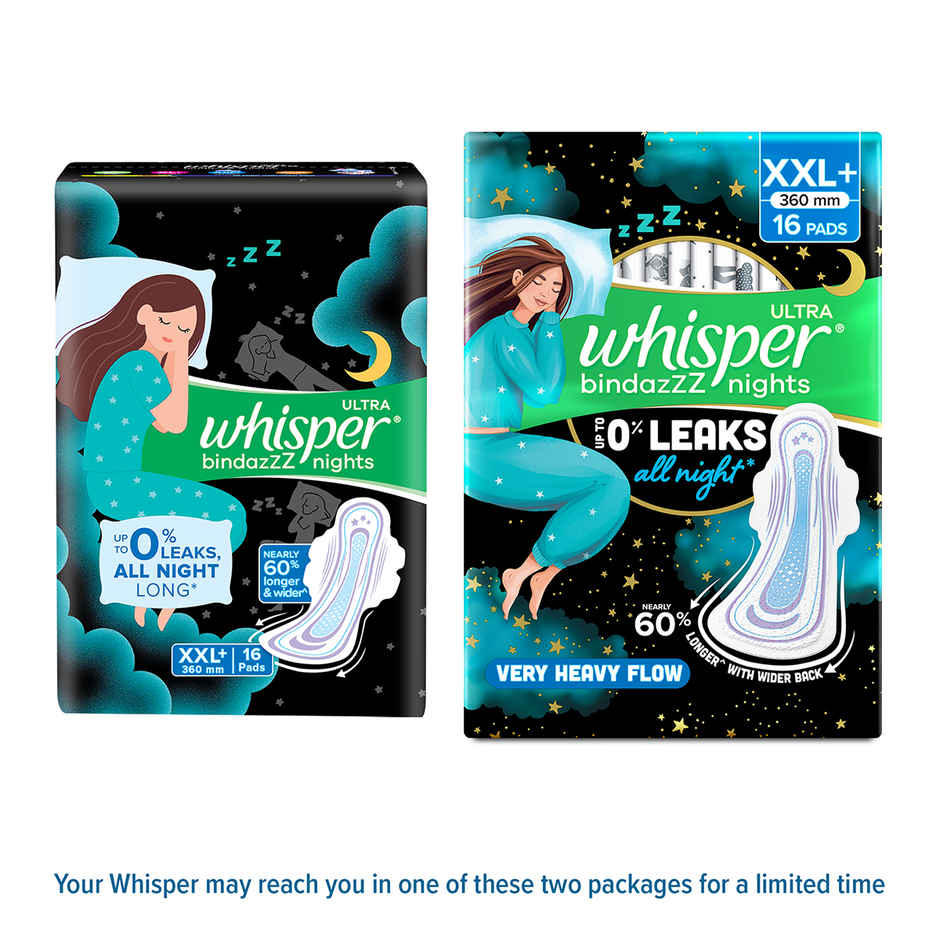 Whisper Bindazzz Nights Sanitary Pads | XXL+ | 16 pcs
