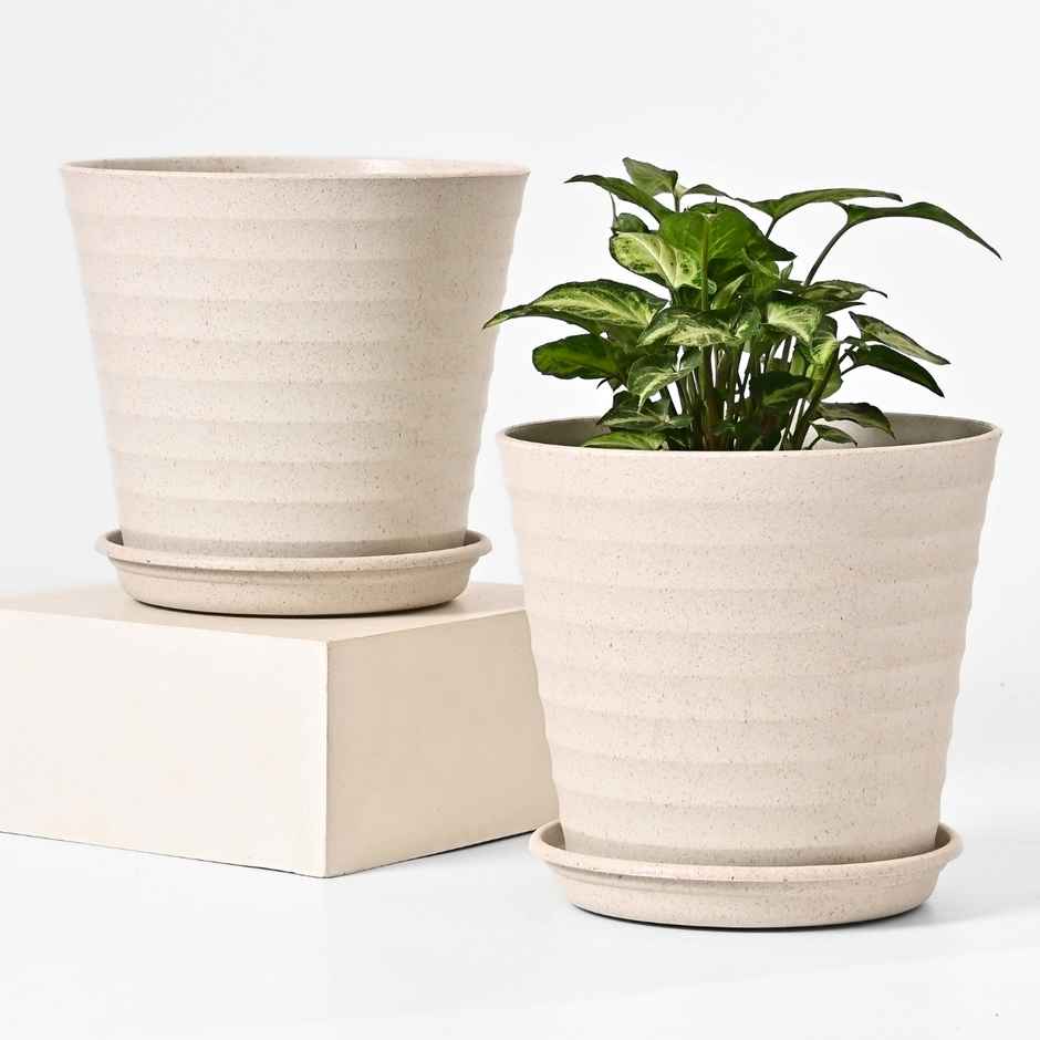 Eha Earth Friendly Linea Plant Pots & Tray | 7.5 Inch, 2 pcs, Sandcastle, Biocomposite,UV Protected