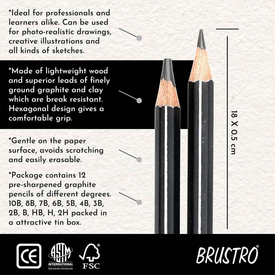 Brustro Artists Fine Art Graphite Pencil Set Of 12 | 10B - 2H | Tin Box
