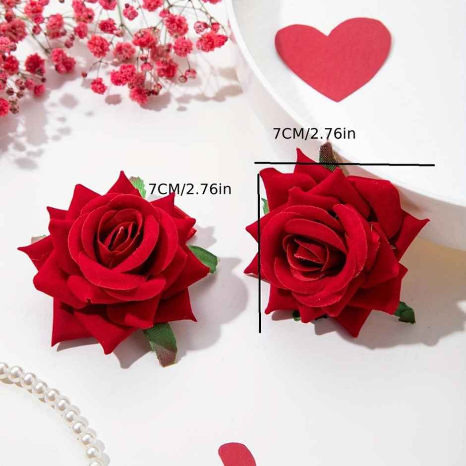 Chronex 2 Pcs Red Rose Flower Hair Clips | Non Slip Clip Hair Accessories | Red