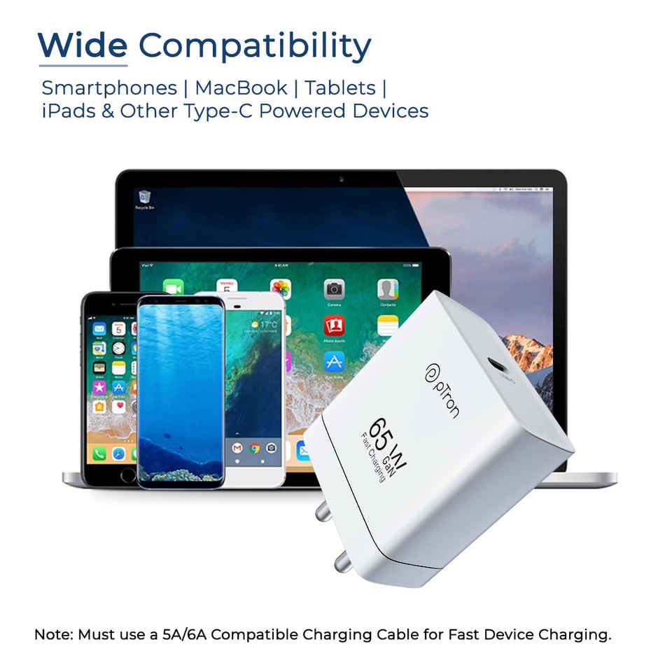 pTron Volta FC23 65W GaN TypeC-/PD Charger For MacBook Pro/Air, Dell Xps, iPhones - White