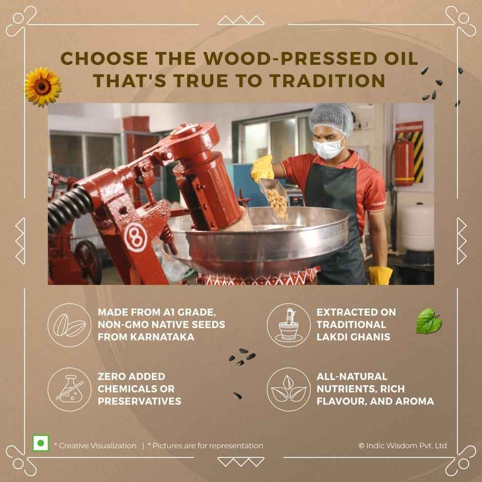 Indic Wisdom Sunflower Wood Pressed Oil | Cold Pressed | Extracted On Wooden Churner