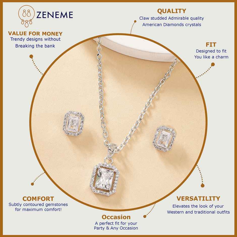 Zeneme Rhodium Plated AD Studded Luxe Sparkle Princess Cut Necklace and Earrings For Women & Girls