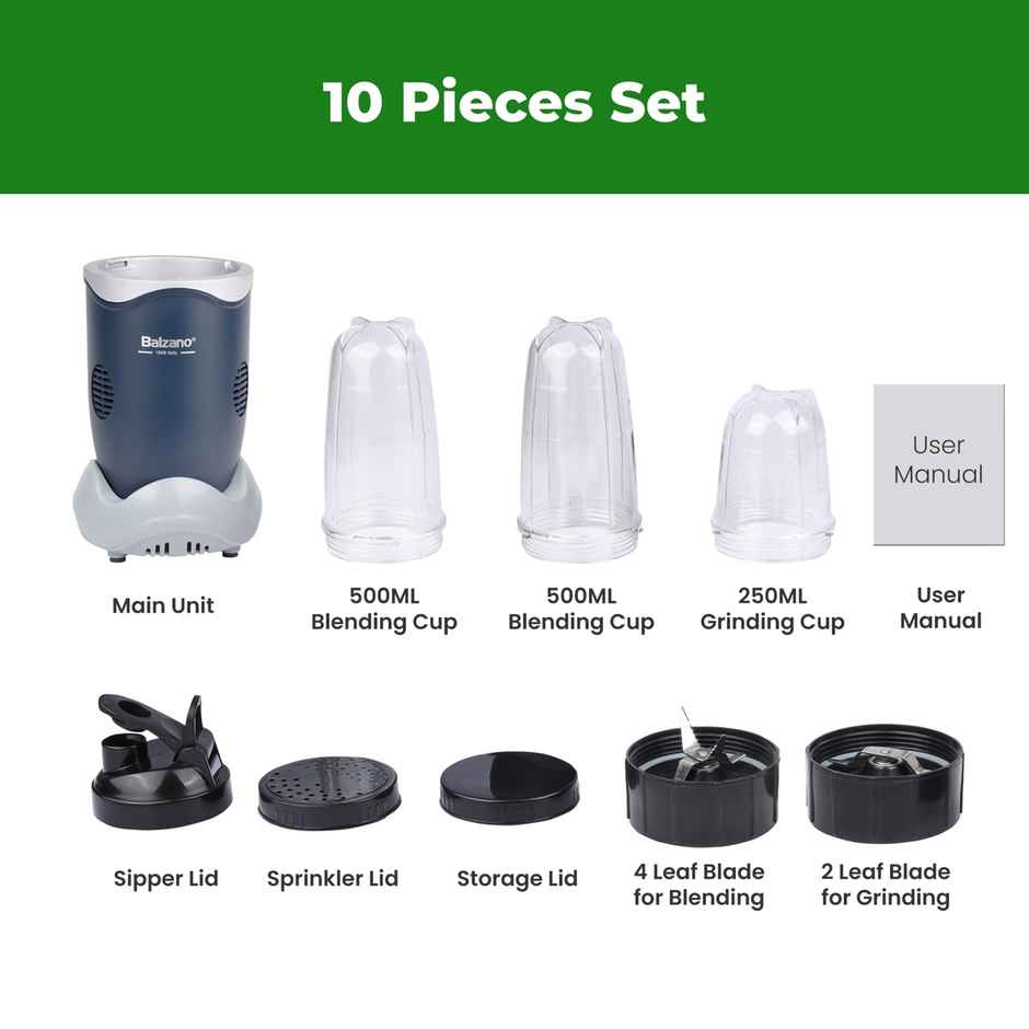 Balzano Nutri - PRO Bullet Mixer Grinder Blender | 400 W | 3 Jars | 2 Blades - Lamborghini Blue