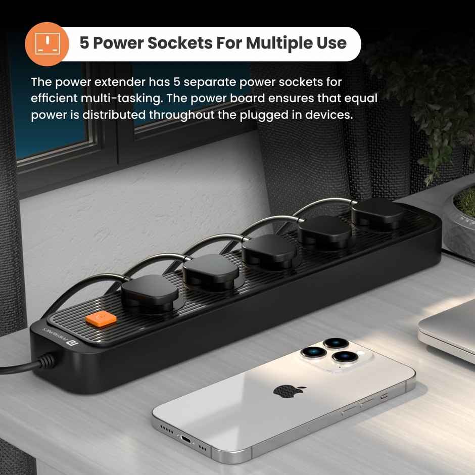 Portronics Power Plate 13 Multiplug Extension Board 5 Power Sockets, 1500W,2M Cord Length Black