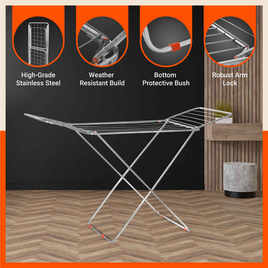 Bathla Foldable Clothes Drying Stand - Silver | Flex | Steel | Heavy Duty & Lightweight