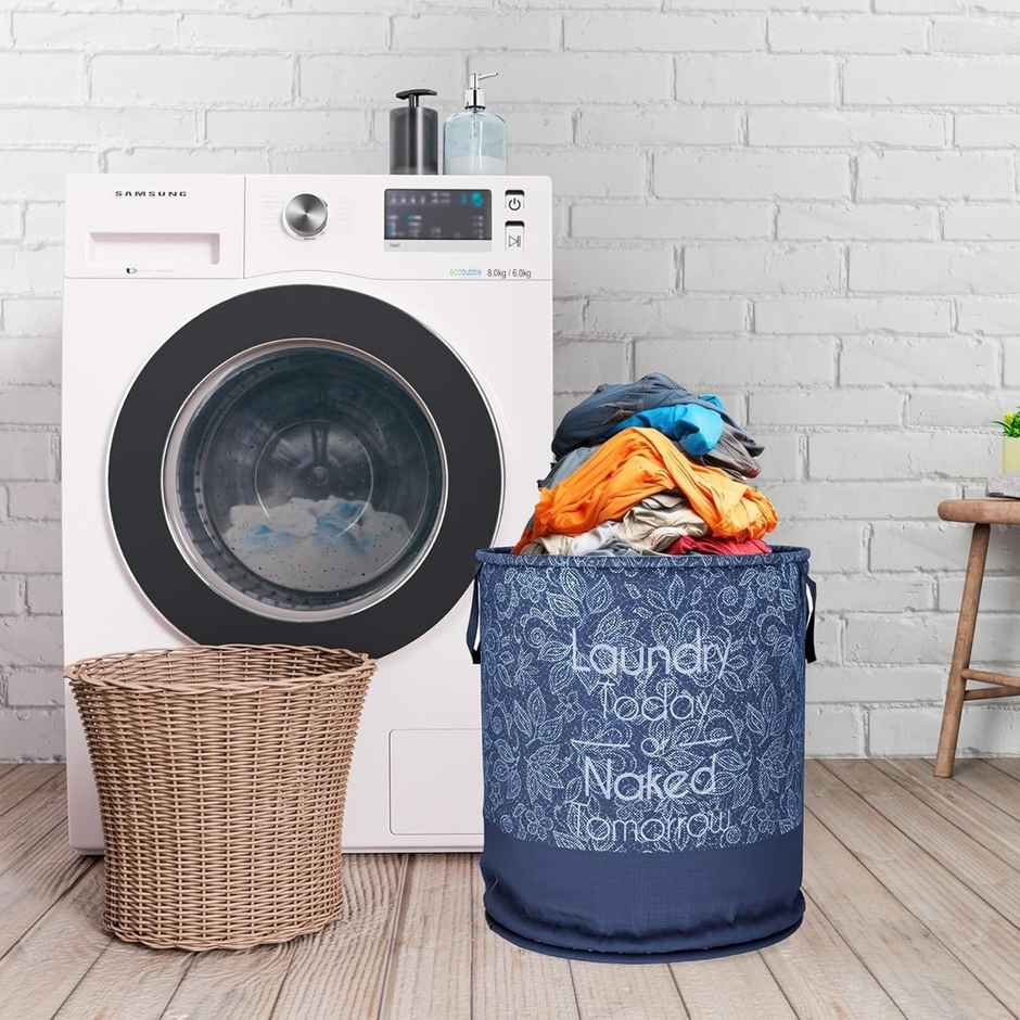 Kuber Industries Non Woven Flower 45 L Laundry Basket for Clothes Storage with Handle|Navy Blue