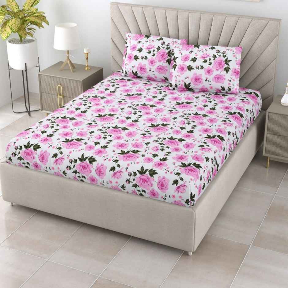 Bombay Dyeing Epigram 120 TC 100% Cotton Floral Pink Super King Size Bedsheet with 2 Pillow Covers