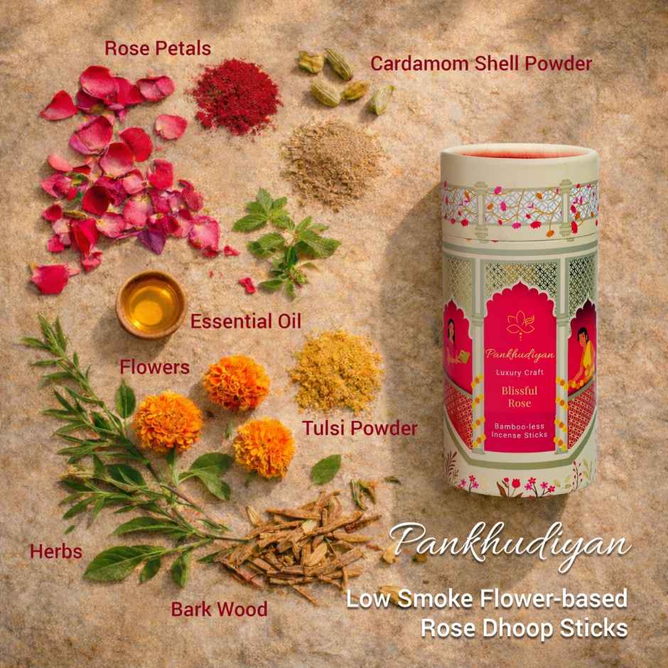 Pankhudiyan Rose Flower-based Low Smoke Bambooless Dhoopsticks (Sticks + Ceramic Holder)
