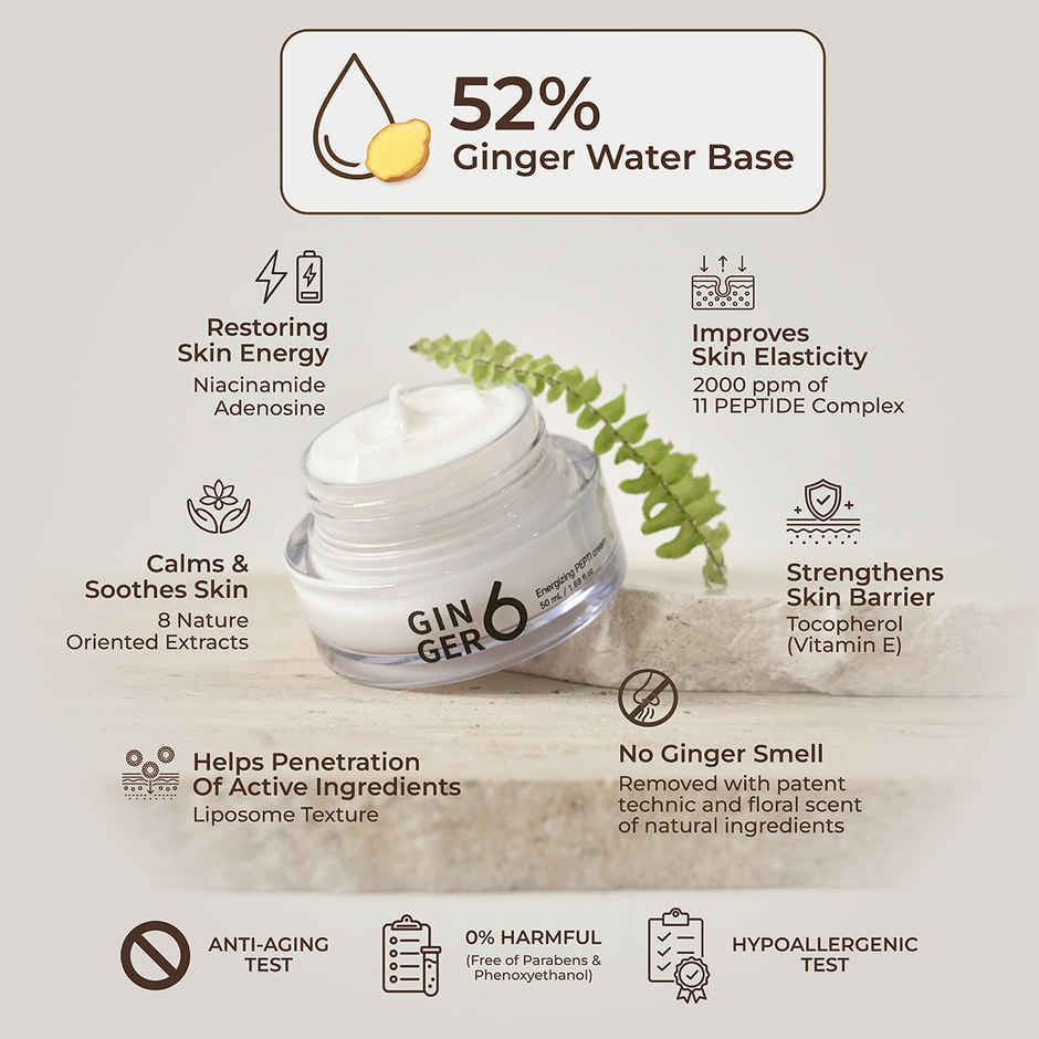 GINGER6 Energizing Pepti Cream | 52% Ginger Extract, Peptides, Anti-Aging & Firming, Niacinamide