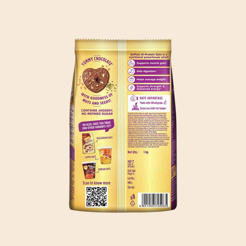Saffola 25g High Protein Oats | 14g Fibre | No Refined Sugar | Chocolate Flavour