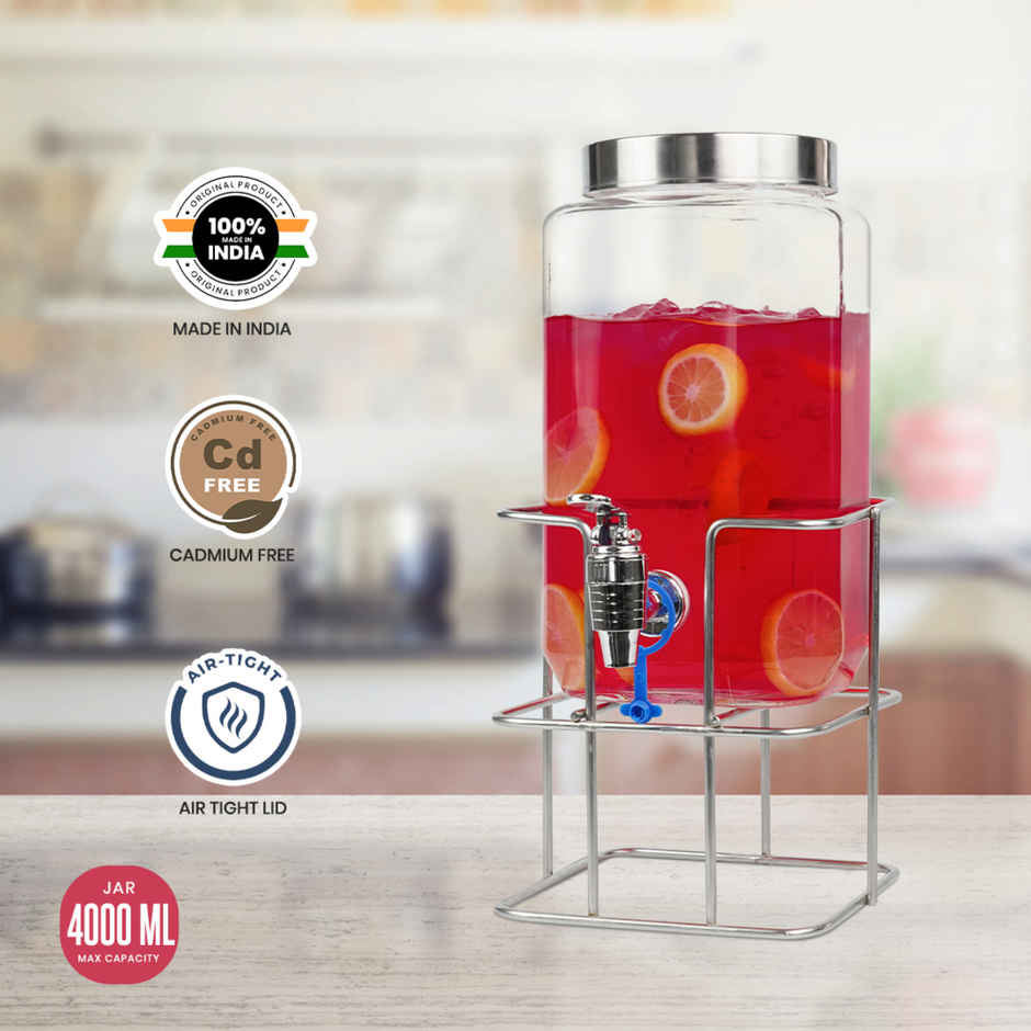 Yera Aquafresh - Glass Juice/Mocktails Serving Jar With Tap And Stand - 4000 ml ( 1 pcs)